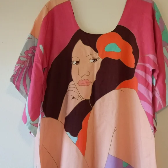 Tahiti Imports Pegge Hopper Pink Palm Mu'uMu'u Cotton Hawaii Size 8 Kaftan Dress - Picture 1 of 16